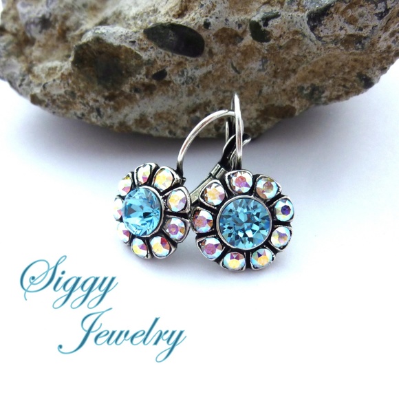 Swarovski® Crystal Aqua and AB Flower Earrings - Picture 2 of 6